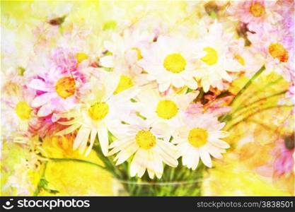 Scenic abstract bouquet with daisies made with color filters, watercolor composition