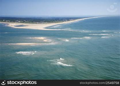 Scenic aerial seascape of beach and island at Baldhead Island, North Carolina.