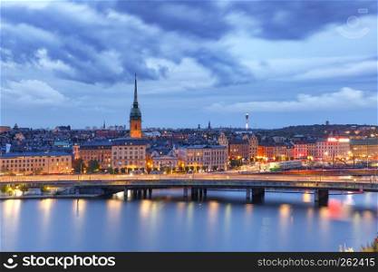 Scenic aerial view of Gamla Stan, in the Old Town in Stockholm at night, capital of Sweden. Gamla Stan in Stockholm, Sweden