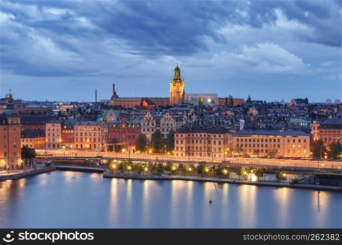 Scenic aerial view of Gamla Stan with Stockholm Cathedral, in the Old Town in Stockholm at night, capital of Sweden. Gamla Stan in Stockholm, Sweden