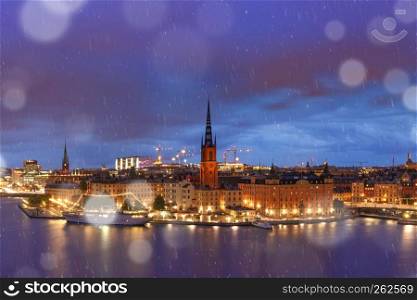 Scenic aerial view of Riddarholmen, Gamla Stan, in the Old Town in Stockholm at night, capital of Sweden. Gamla Stan in Stockholm, Sweden
