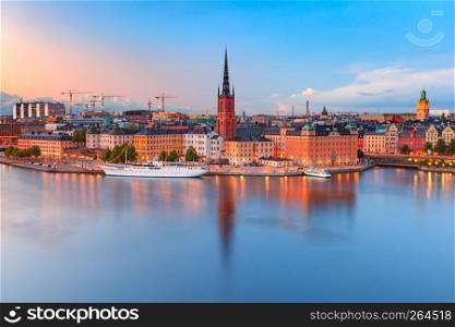 Scenic aerial view of Riddarholmen, Gamla Stan, in the Old Town in Stockholm at sunset, capital of Sweden. Gamla Stan in Stockholm, Sweden