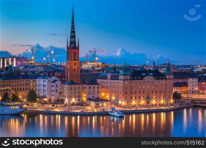 Scenic aerial view of Riddarholmen, Gamla Stan, in the Old Town in Stockholm at night, capital of Sweden. Gamla Stan in Stockholm, Sweden