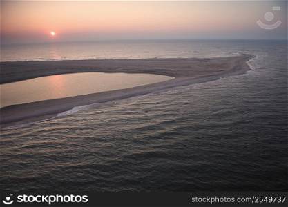 Scenic aerial view of sandbar at Baldhead Island, North Carolina at dusk.
