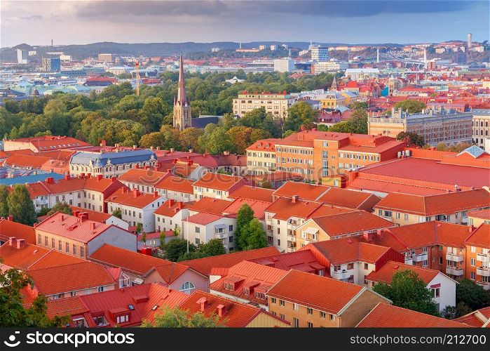 Scenic aerial view of the city from the hill at sunset. Gothenburg. Sweden.. Gothenburg. Aerial view of the city.