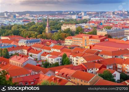 Scenic aerial view of the city from the hill at sunset. Gothenburg. Sweden.. Gothenburg. Aerial view of the city.