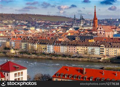 Scenic aerial view of the city on a sunny day. Wurzburg Bavaria Germany.. Wurzburg. Aerial city view.