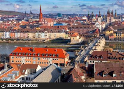 Scenic aerial view of the city on a sunny day. Wurzburg Bavaria Germany.. Wurzburg. Aerial city view.