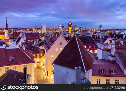 Scenic aerial view of the historic city center. Tallinn. Estonia.. Tallinn. Aerial city view at sunrise.