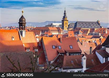 Scenic aerial view of the old city at sunset. Bamberg. Bavaria Germany.. Bamberg. Aerial city view in the evening.
