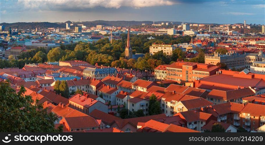 Scenic aerial view of the Old Town with Haga Church and red roofs at sunset, Gothenburg, Sweden.. Aerial view of Gothenburg, Sweden