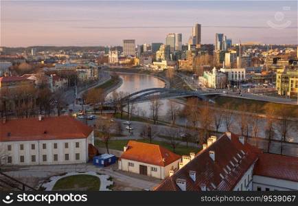 Scenic aerial view of Vilnius from Gediminas Hill at sunset, Vilnius, Lithuania, Baltic states.. View of Vilnius from Gedemina Hill at sunset.