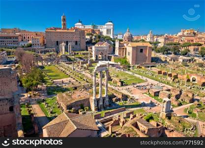 Scenic aerial view over the ruins of the Roman Forum in Rome, capital of Italy