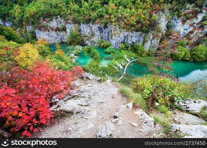Scenic autumn landscape in the mountains, Plitvice Lakes, Croatia
