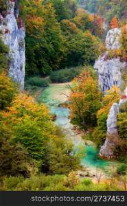 Scenic autumn valley landscape in the mountains of Plitvice Lakes National Park, Croatia