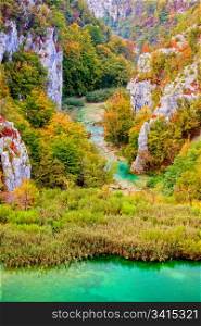 Scenic autumn valley landscape in the mountains of Plitvice Lakes National Park, Croatia