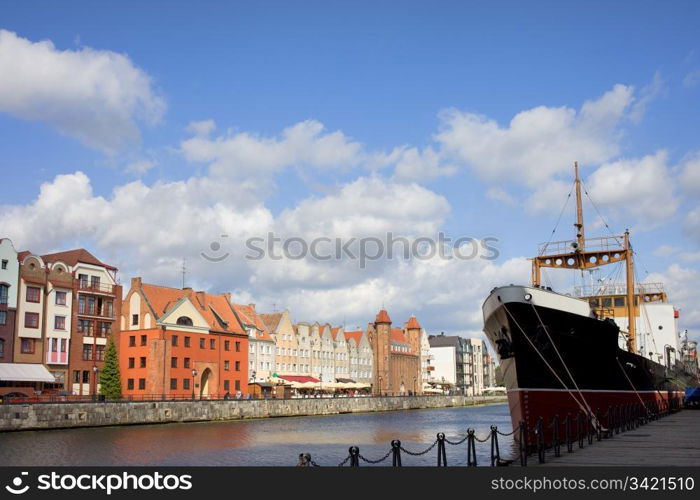 Scenic city of Gdansk by the river Motlawa in Poland, composition with copyspace