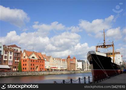 Scenic city of Gdansk by the river Motlawa in Poland, composition with copyspace