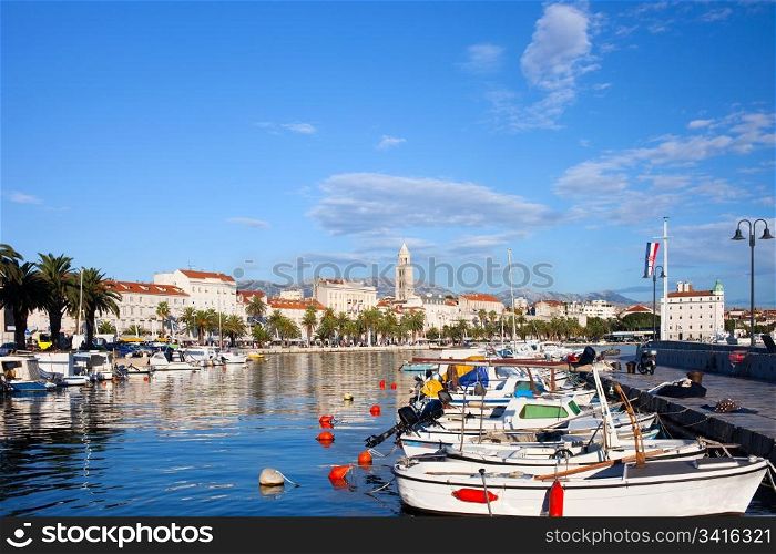 Scenic city of Split waterfront on the Adriatic sea in Croatia, view from the city harbour, composition with copyspace