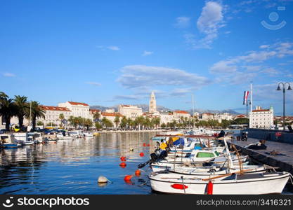 Scenic city of Split waterfront on the Adriatic sea in Croatia, view from the city harbour, composition with copyspace