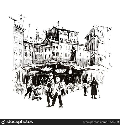 Scenic city view of Rome, Italy. Hand drawing sketch, Roman square Campo de Fiori with Daily market and the monument to Giordano Bruno, Rome, Italy. Picture made liners
