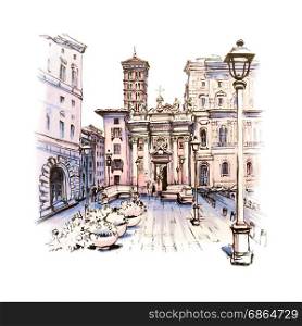 Scenic city view of Rome, Italy. Scenic city view of Typical Roman square with church in the old city in Rome, Italy. Picture made markers