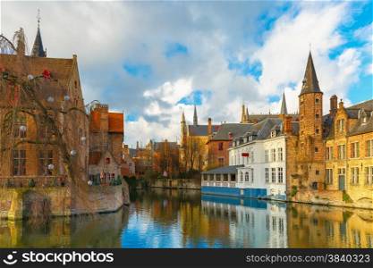 Scenic cityscape with a medieval fairytale town from the quay Rosary, Rozenhoedkaai in Bruges, Belgium