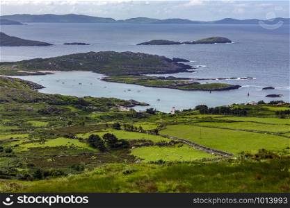 Scenic coastal landscape on the Ring of Kerry, a part of the Wild Atlantic Way on the west coast of the Republic of Ireland.