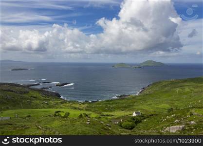 Scenic coastal landscape on the Ring of Kerry, a part of the Wild Atlantic Way on the west coast of the Republic of Ireland.
