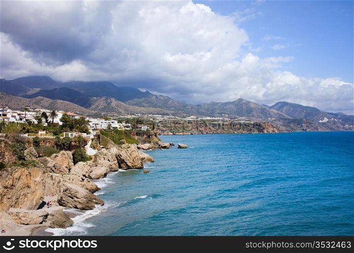 Scenic coastline of Nerja town on the Mediterranean Sea in Spain, southern Andalucia region, Costa del Sol