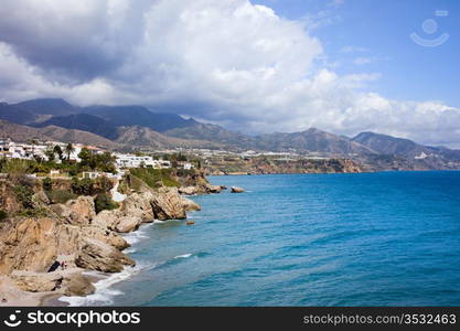 Scenic coastline of Nerja town on the Mediterranean Sea in Spain, southern Andalucia region, Costa del Sol