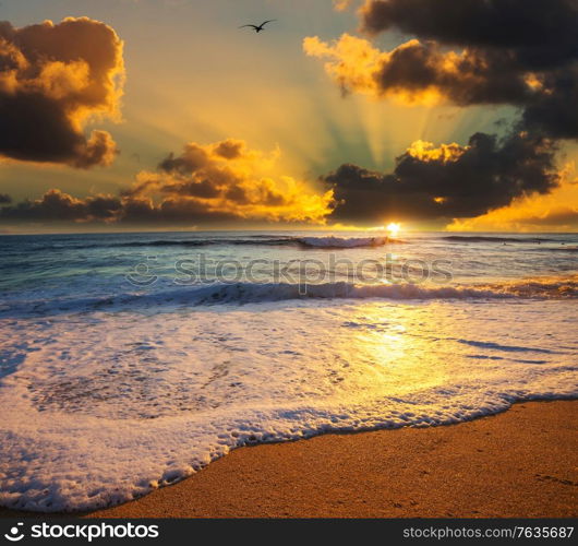 Scenic colorful sunset at the sea coast. Good for wallpaper or background image. Beautiful nature landscapes