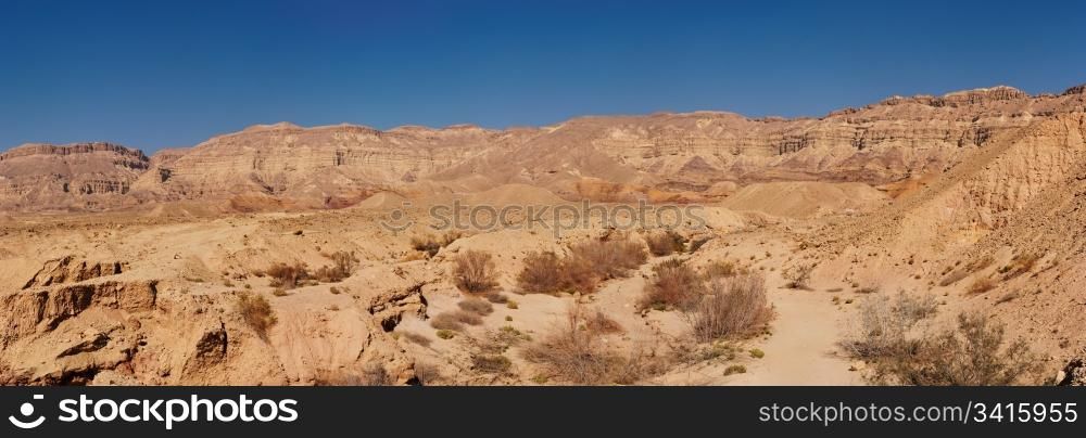 Scenic desert landscape in the Small Crater (Makhtesh Katan) in Negev desert, Israel