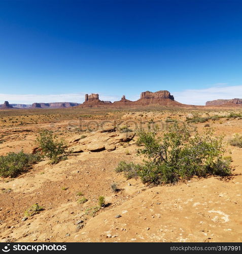 Scenic desert landscape with mountains and foliage.