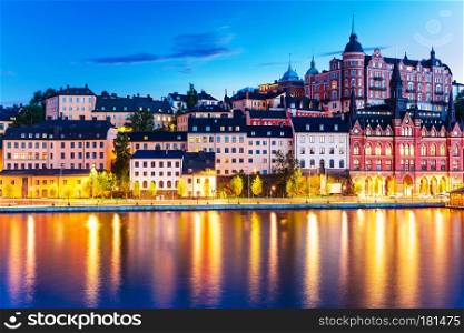 Scenic evening view of the Old Town pier architecture in Sodermalm district of Stockholm, Sweden