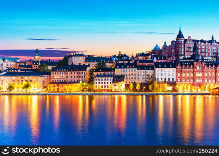 Scenic evening view of the Old Town pier architecture in Sodermalm district of Stockholm, Sweden