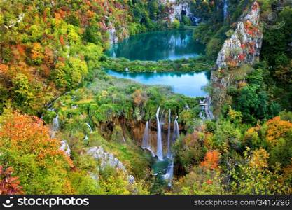 Scenic fall valley landscape in the mountains of Plitvice Lakes National Park, Croatia