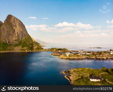Scenic fjord landscape above the arctic circle, coast nature with sharp mountain peaks, Lofoten islands North Norway.. Fjord and mountains landscape. Lofoten islands Norway