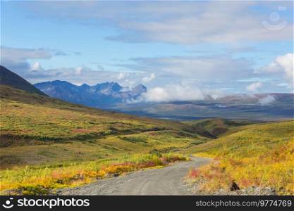 Scenic highway in Alaska, USA. Dramatic view clouds