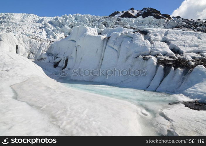 Scenic ice flow below a glacier in Iceland.