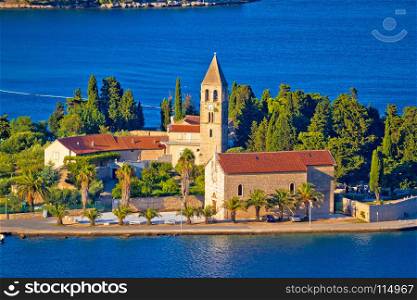 Scenic island of Vis church and waterfront view, Dalmatia archipelago of Croatia