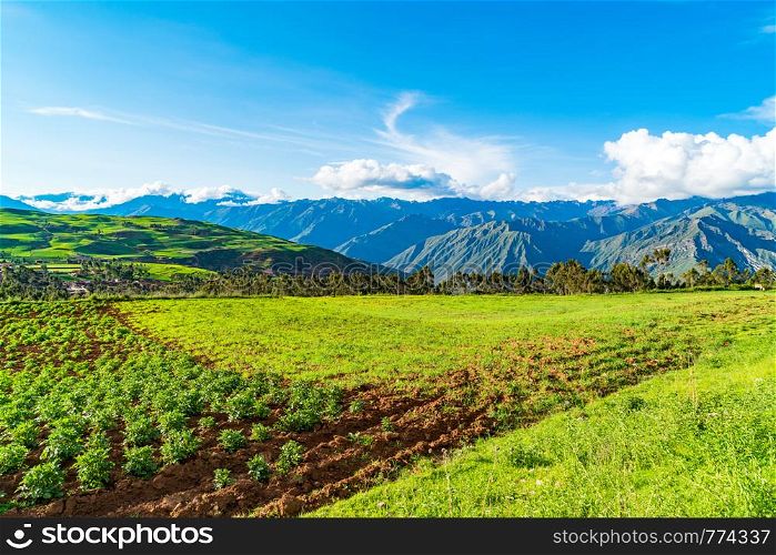 Scenic landscape of the agricultural area near Cusco in Peru