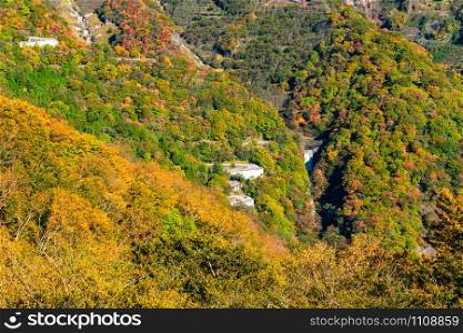 Scenic landscape of the mountain with colorful foliage of autumn season forest, a curved road and a high waterfalls in sunny day at Nikko City, Tochigi Prefecture, Japan.
