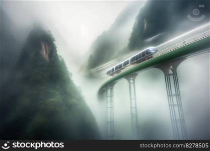 Scenic long exposure photo of futuristic train running through mountain. distinct generative AI image.. Scenic long exposure photo of futuristic train running through mountain