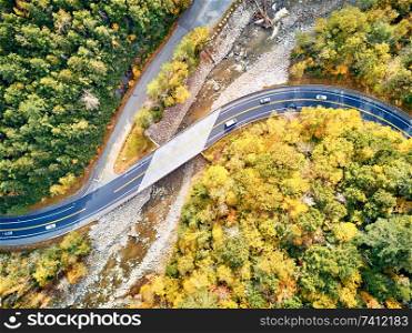 Scenic Mohawk Trail winding highway at autumn, Massachusetts, USA. Fall in New England. Aerial drone shot.