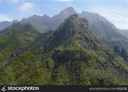 Scenic mountain landscape in Serra de Agua region on Madeira island, Portugal