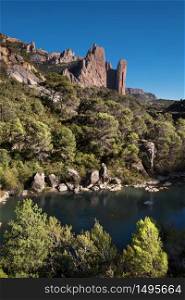 Scenic mountain landscape Mallos de Riglos and river Gallego in Aragon, Spain.