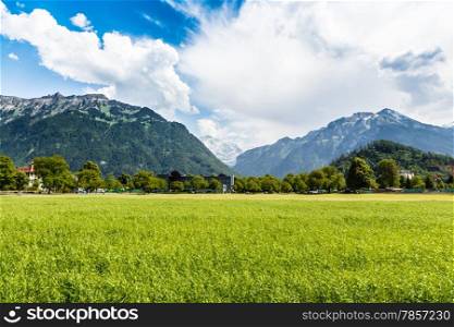 Scenic mountain landscape with blue sky in Interlaken, Switzerland