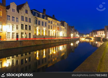 Scenic night cityscape with views of Spiegelrei, Canal Spiegel, in Bruges, Belgium