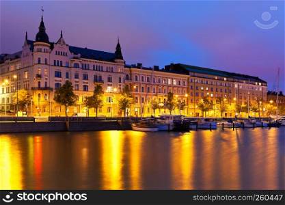 Scenic night panorama of the Old Town in Helsinki, Finland